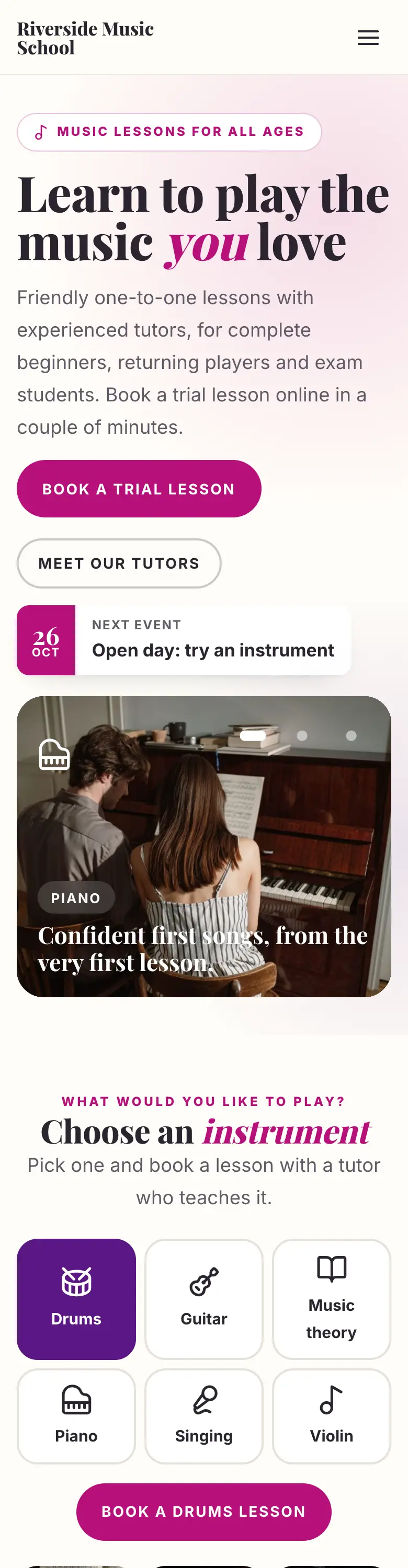 The Classic design on a phone: the school name and menu button, the heading, Book a trial lesson and Meet our tutors buttons and the photo slideshow