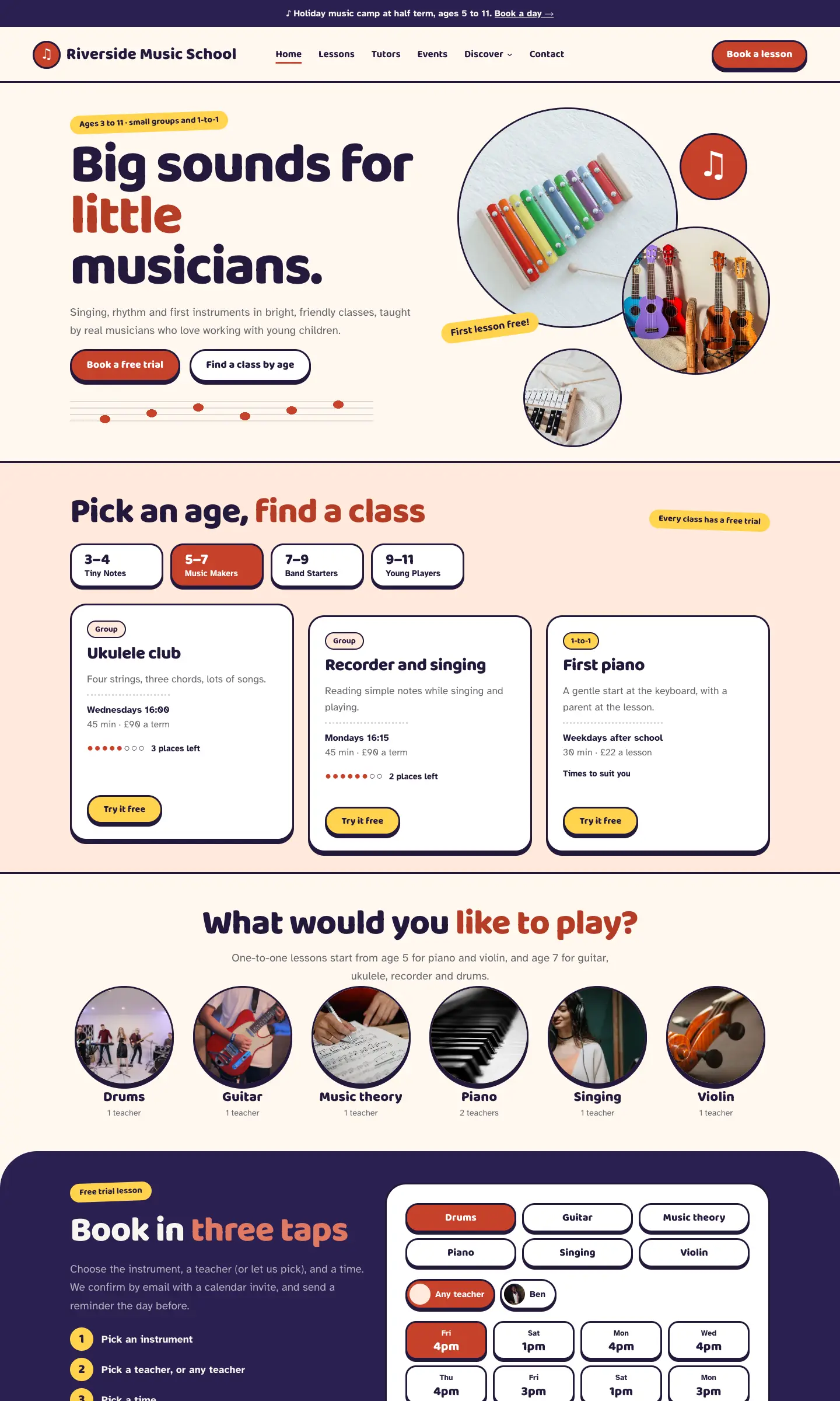 The Little Notes design's home page: a notice bar about a holiday music camp, the heading "Big sounds for little musicians", round photo bubbles of a xylophone and ukuleles, and age group buttons