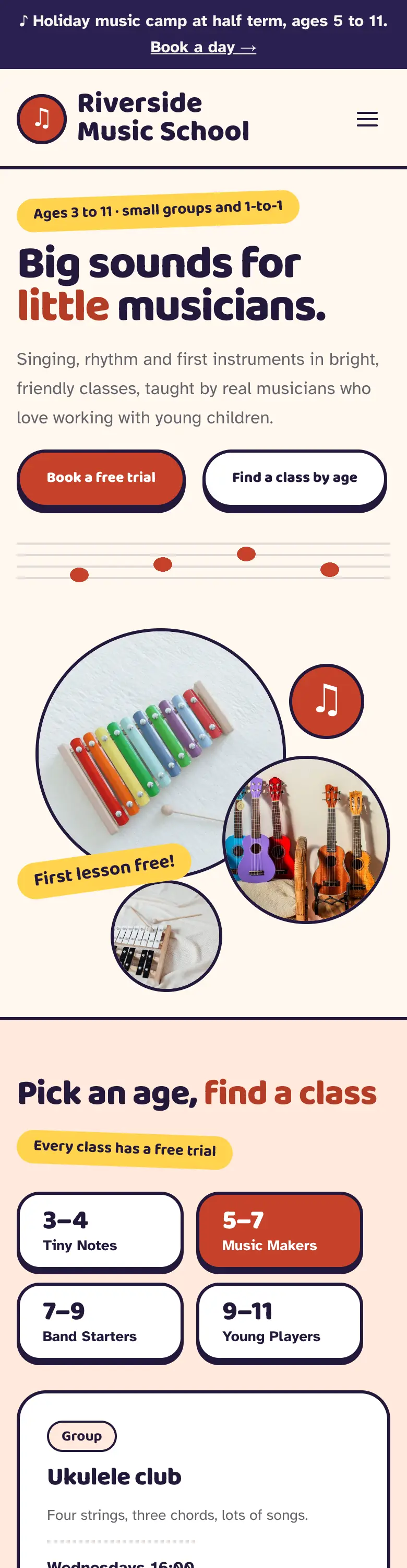 Little Notes on a phone: the notice bar, the heading, Book a free trial and Find a class by age buttons, photo bubbles and the age groups 3–4, 5–7, 7–9 and 9–11