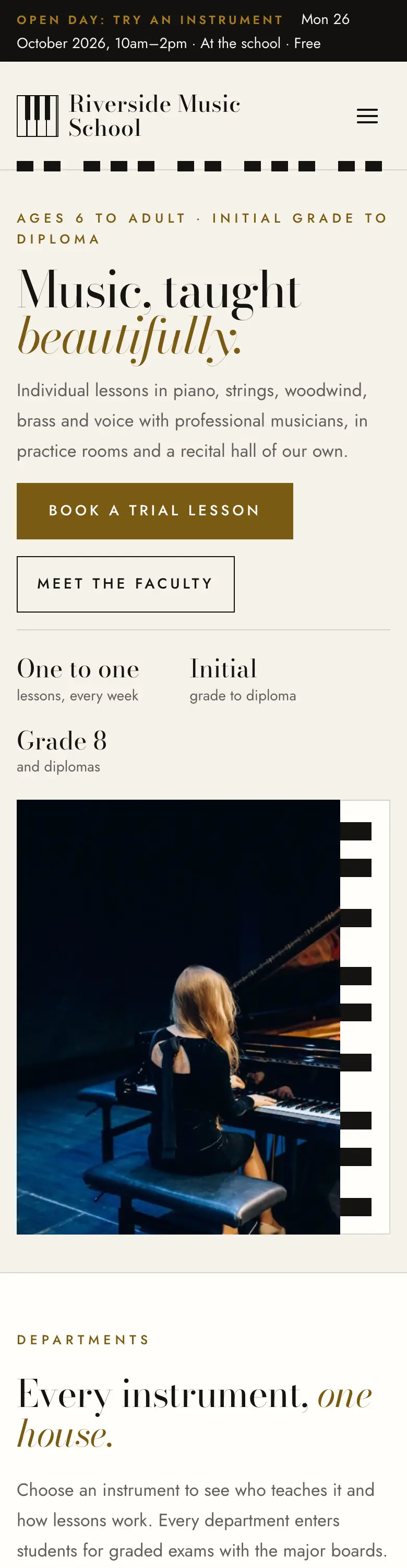 Recital on a phone, with the italic heading, a Book a trial lesson button and the pianist photo