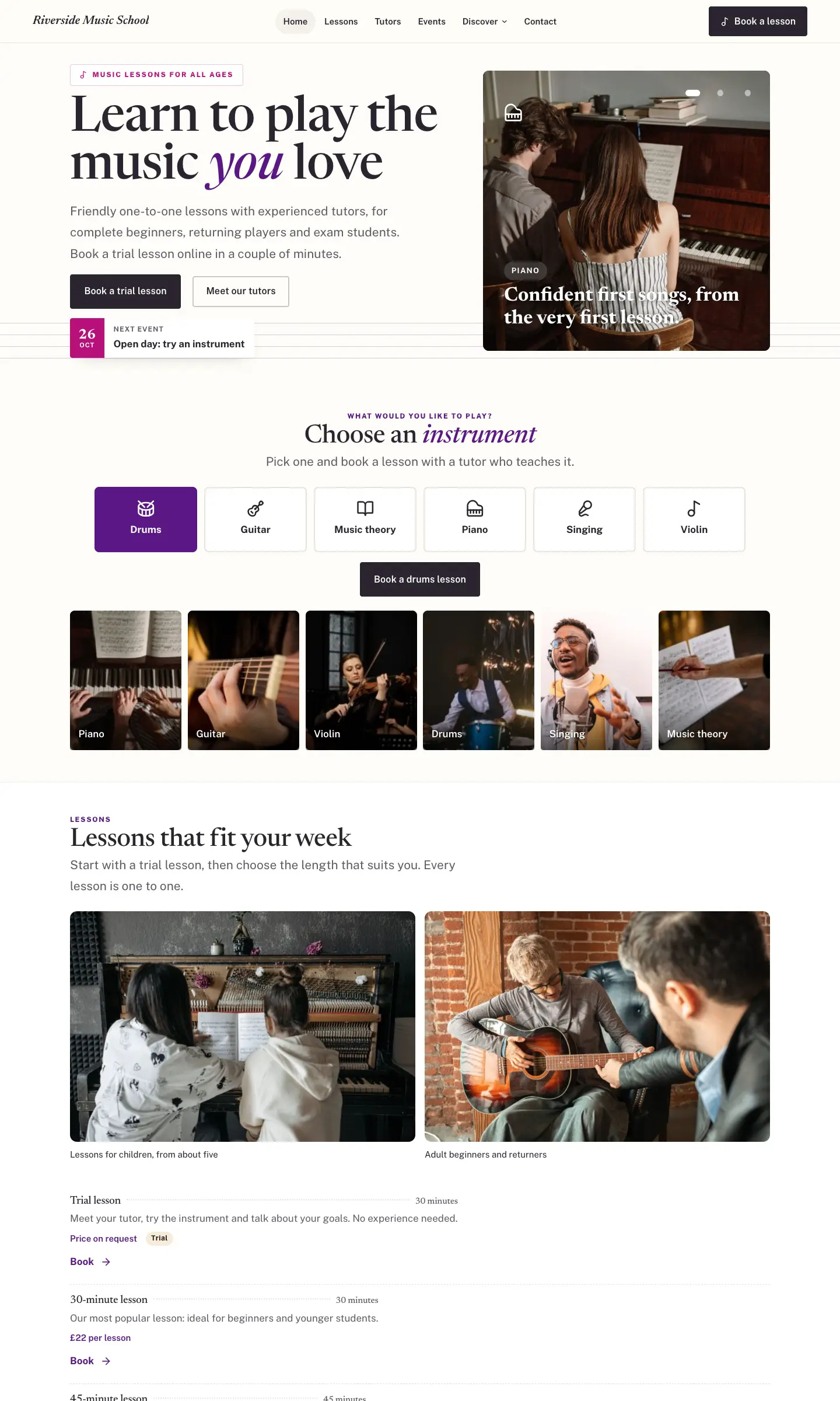 The Staff design's home page: a serif heading with staff lines behind it, dark square buttons, instrument buttons and lessons listed with dotted lines like a concert programme