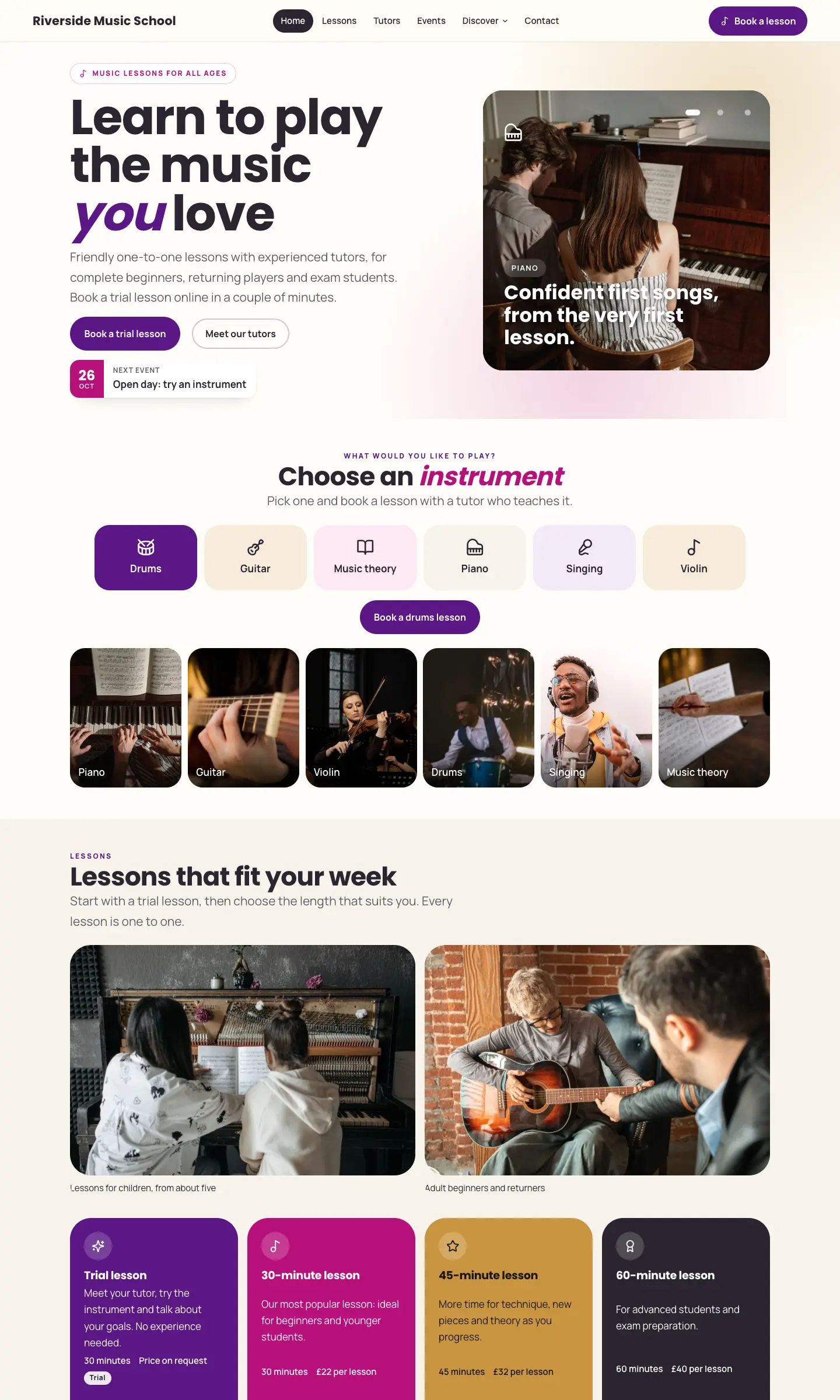 The Studio Colour design's home page: a bold heading, purple rounded buttons, pastel instrument tiles and lesson cards in purple, pink, gold and dark colours