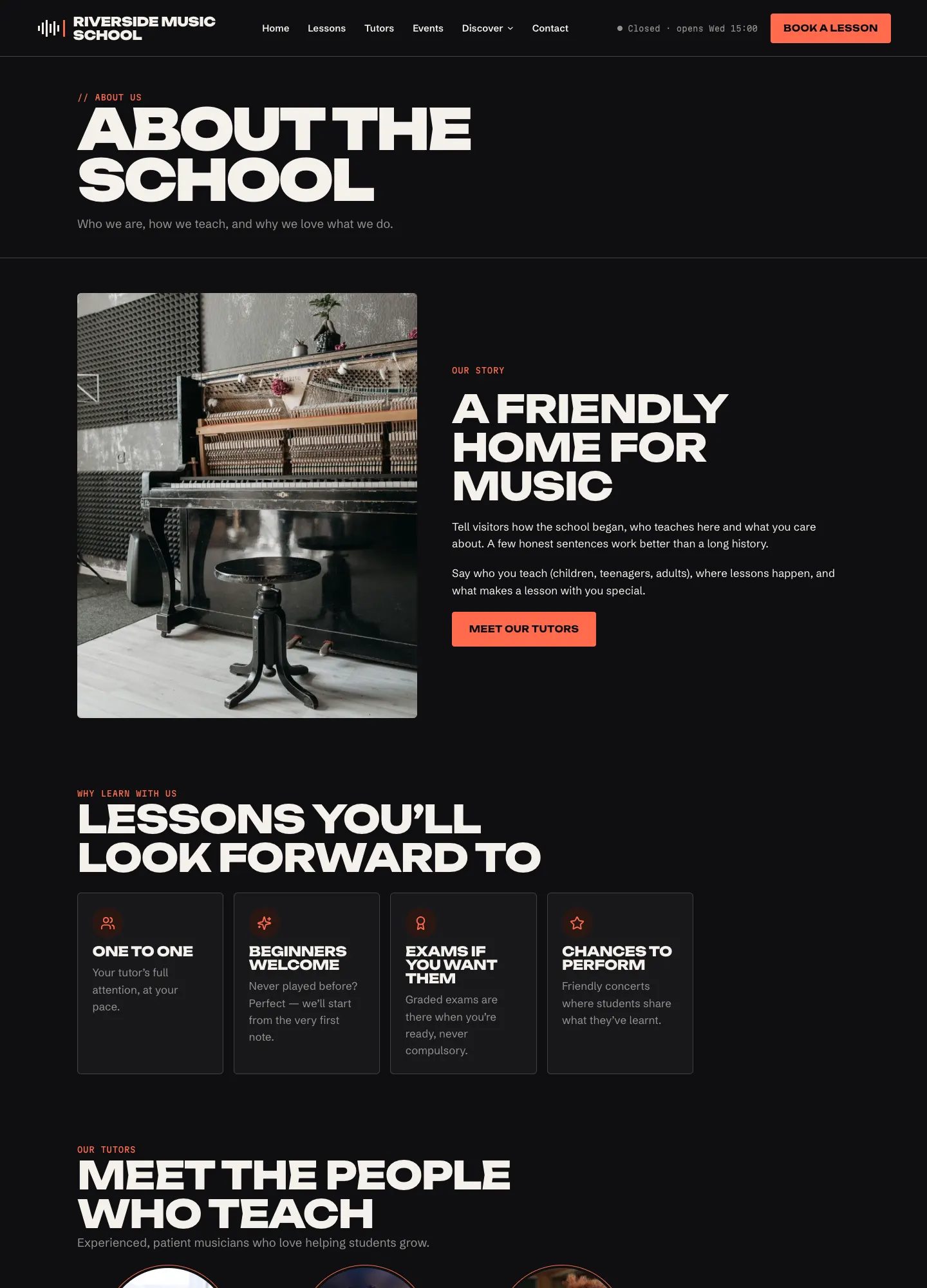 The About us page in the Amp design, with the school's story and photos