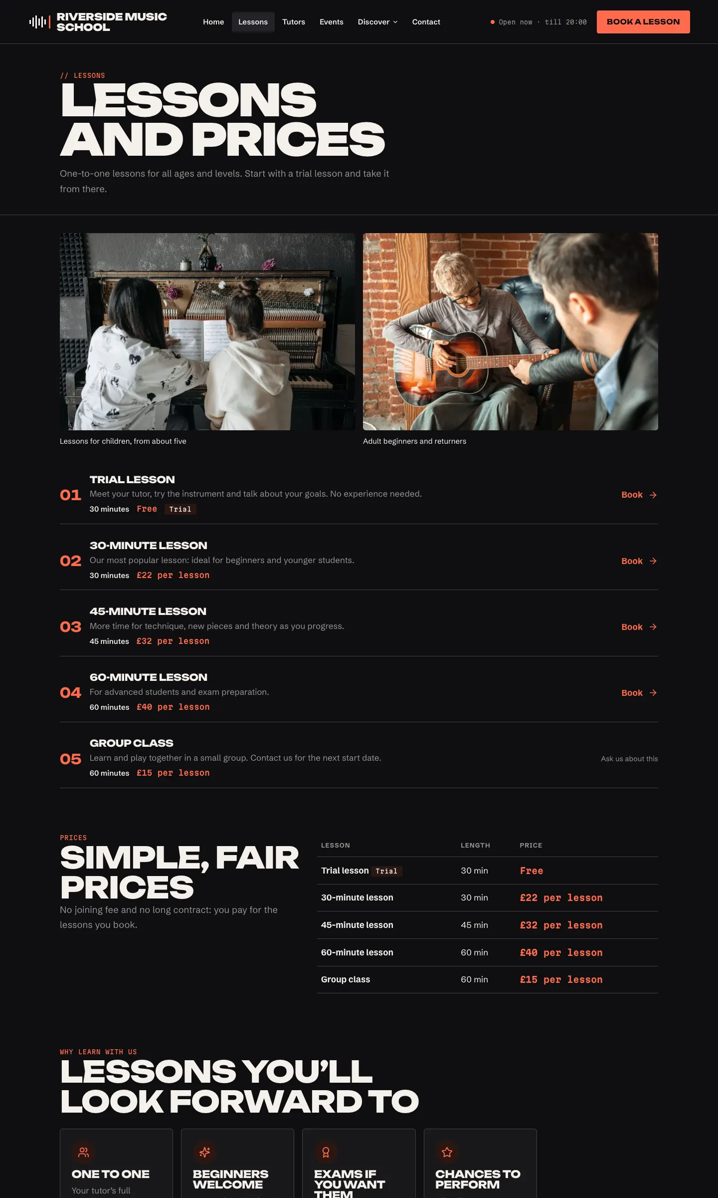 The Lessons and prices page: Trial lesson (30 minutes, Free, marked Trial), 30-minute lesson £22 per lesson, 45-minute lesson £32, 60-minute lesson £40 and Group class £15 marked "Ask us about this", each with a Book link, and a price table