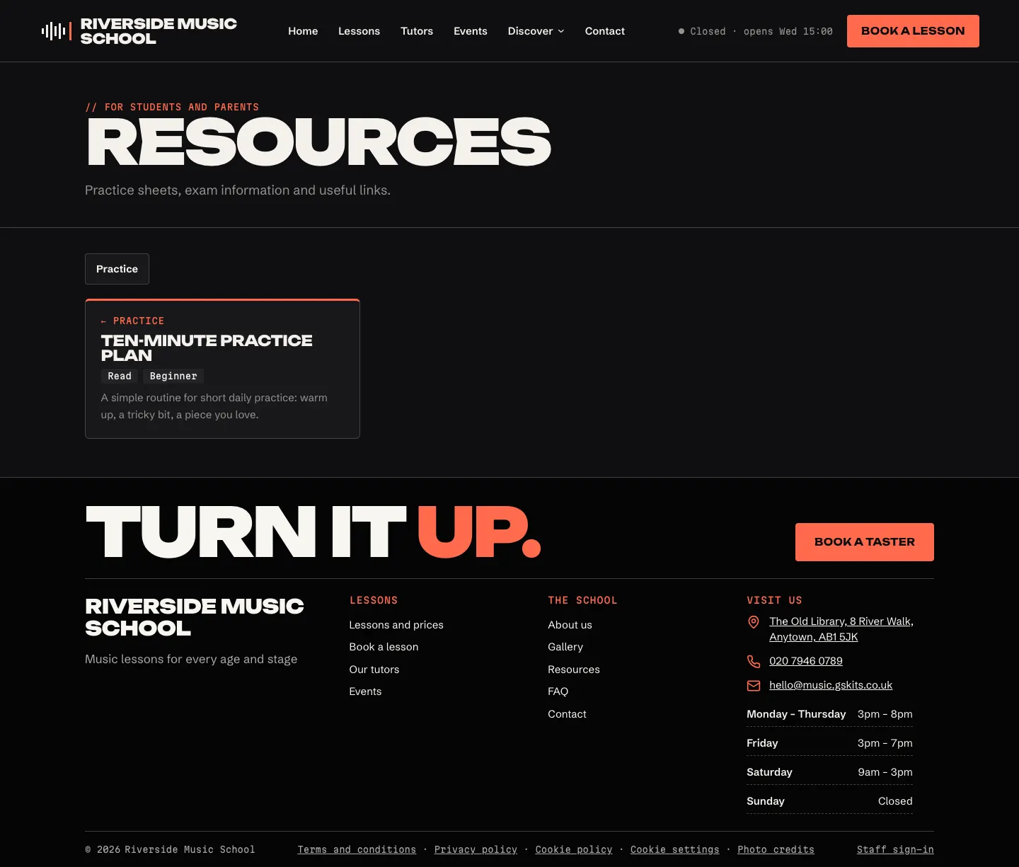 The Resources page on the website, with the practice plan and its level