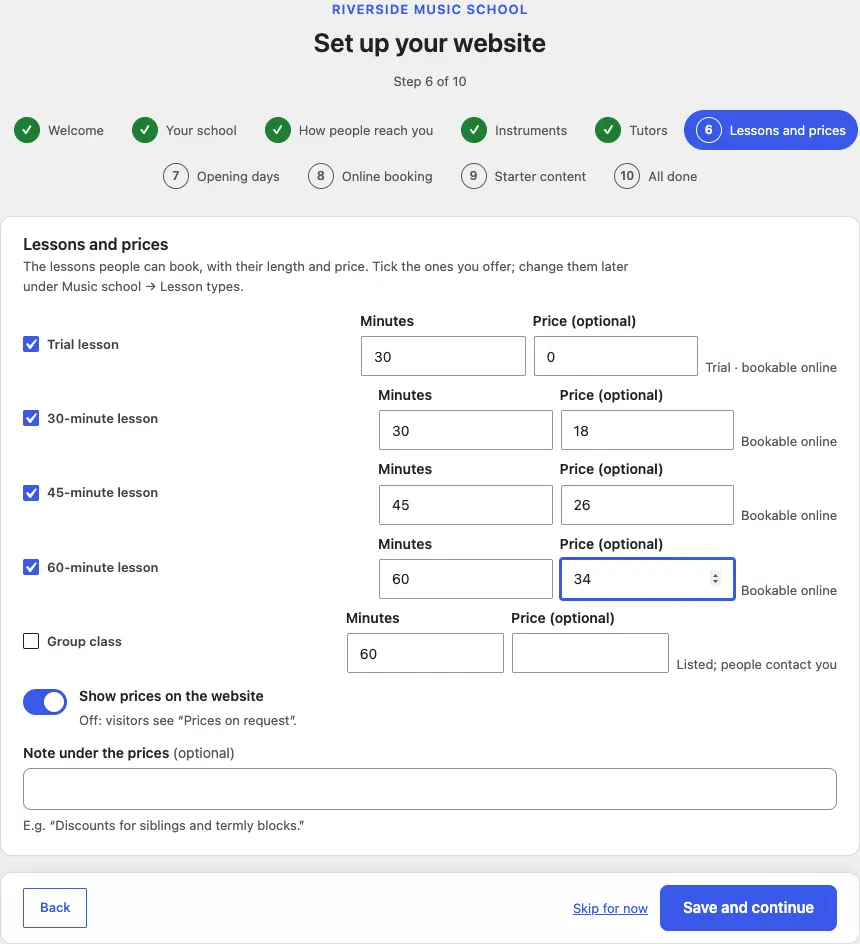 Step 6 of 10, Lessons and prices: Trial lesson at 0, 30-minute lesson at 18, 45-minute lesson at 26, 60-minute lesson at 34, Group class unticked, and Show prices on the website switched on