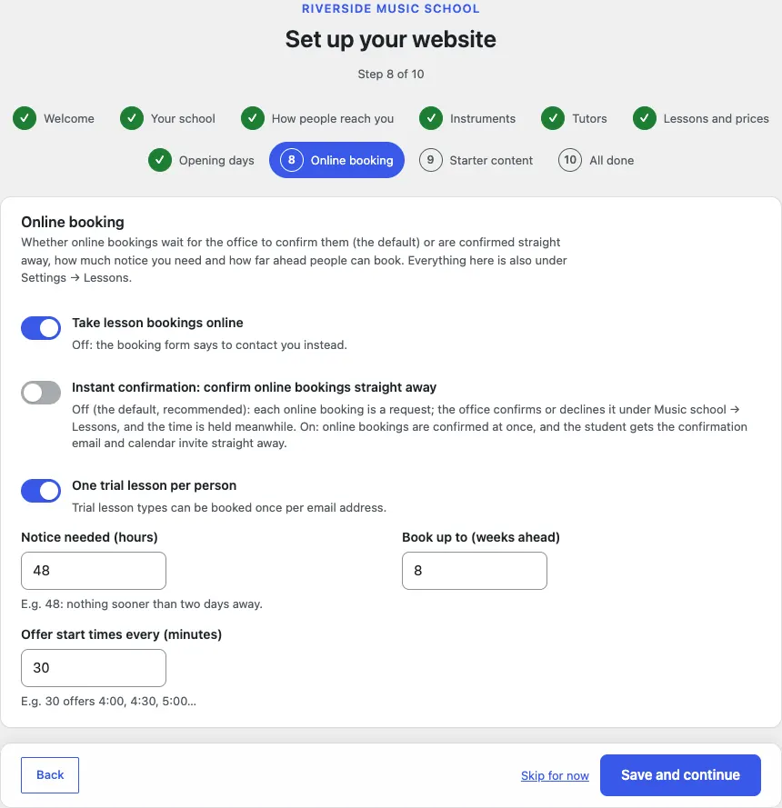 Step 8 of 10, Online booking: Take lesson bookings online on, Instant confirmation off, One trial lesson per person on, notice 48 hours, 8 weeks ahead and start times every 30 minutes
