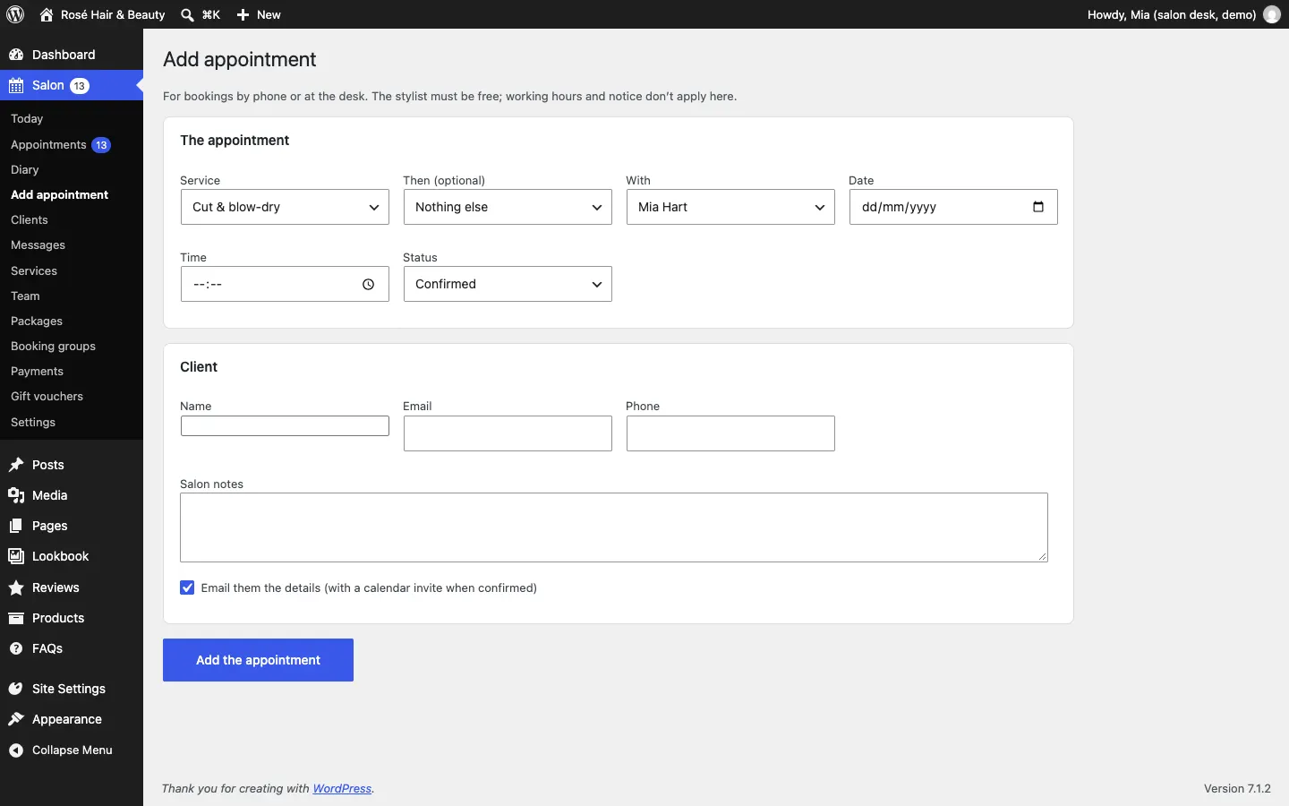 The Add appointment form with Service set to Cut and blow-dry, Then (optional) set to Nothing else, With set to Mia Hart, the date, time and status, the client's name, email and phone, Salon notes, and the Email them the details tick box