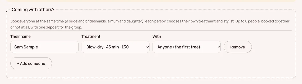 The Coming with others? part of the booking form, with Sam Sample added for a Blow-dry, 45 min, £30 with Anyone (the first free), a Remove button and a + Add someone button