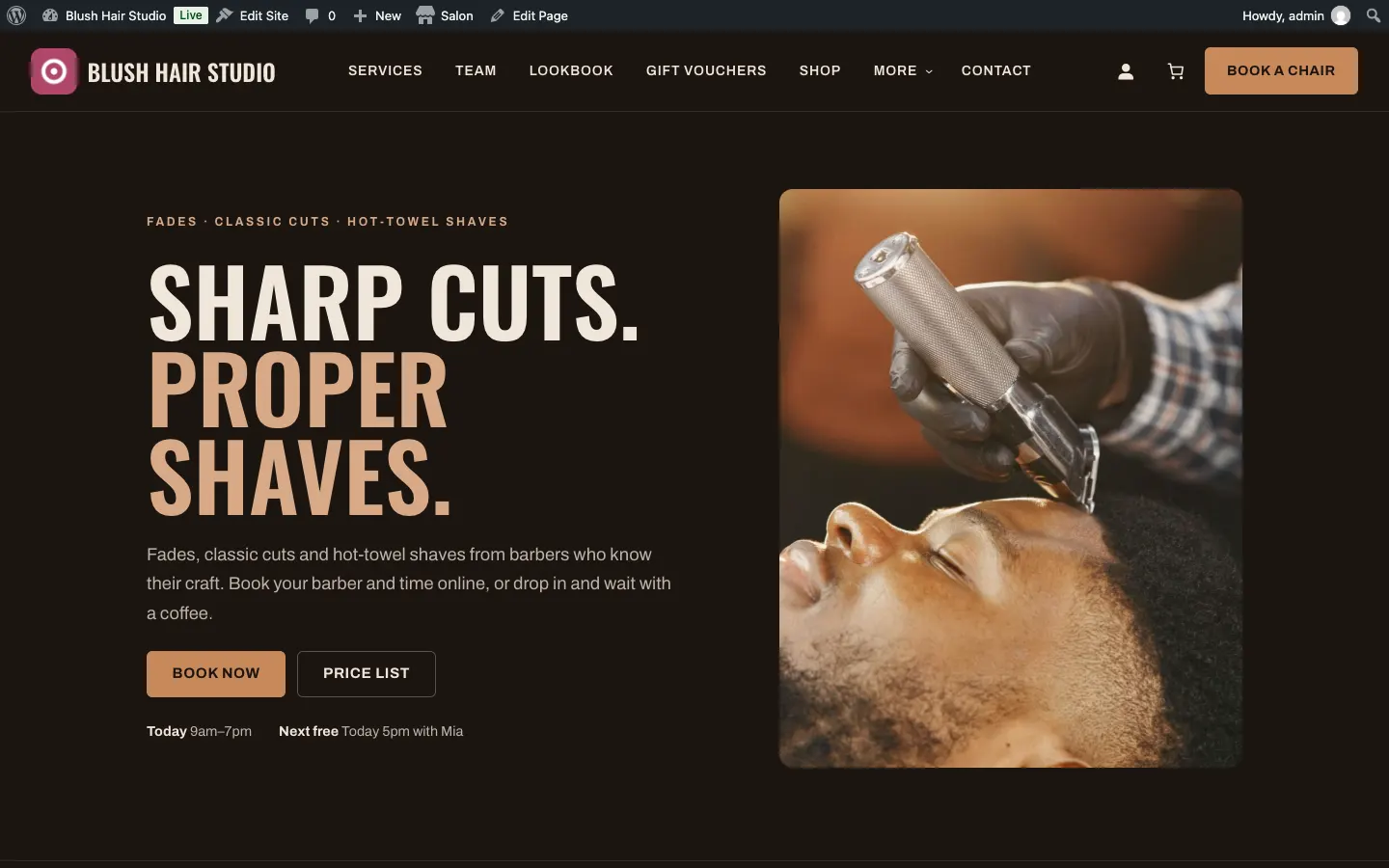 The home page previewed in a new tab in the Barbershop design with the Tobacco palette, before saving