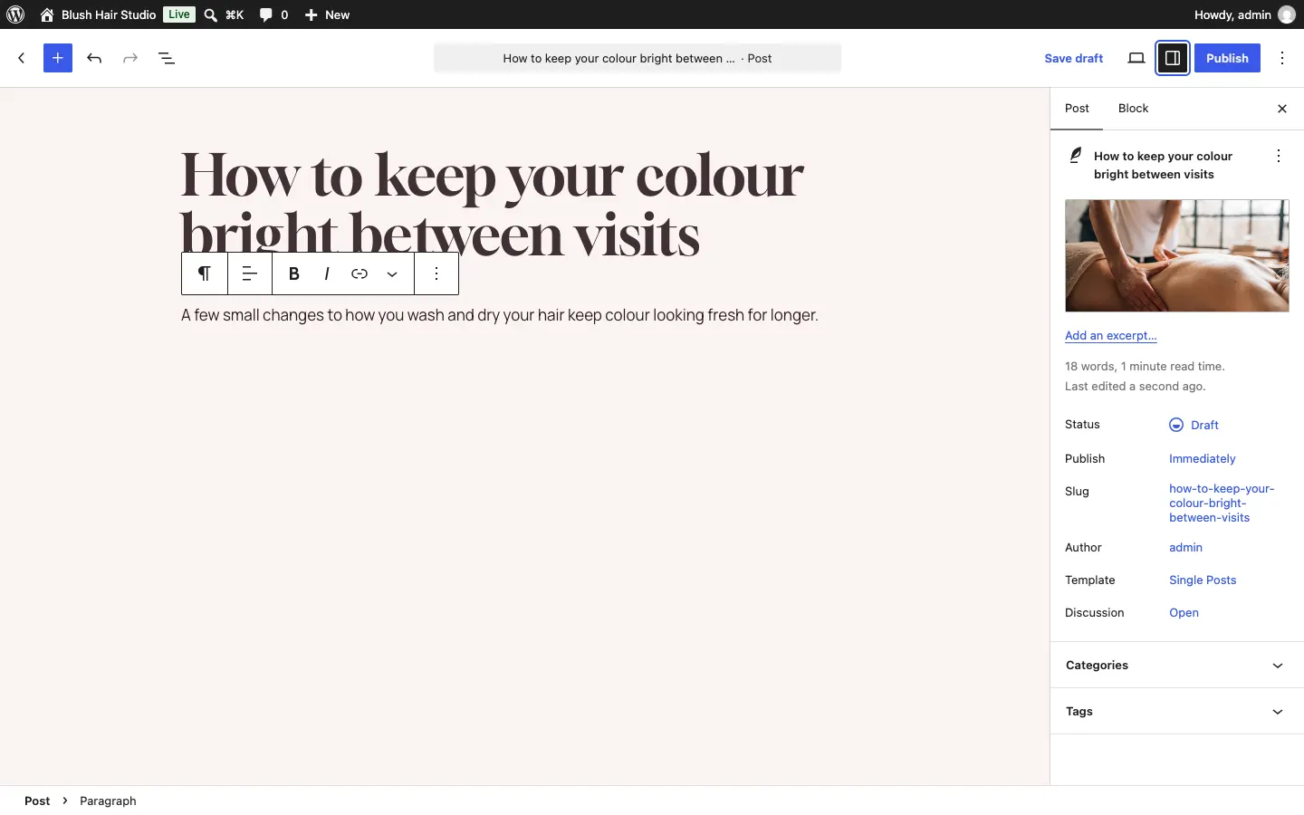 A new post with its title and first paragraph, and on the right the Post settings panel with one of the sample photos as the featured image, Add an excerpt, Status Draft, Publish Immediately, and the Categories and Tags sections
