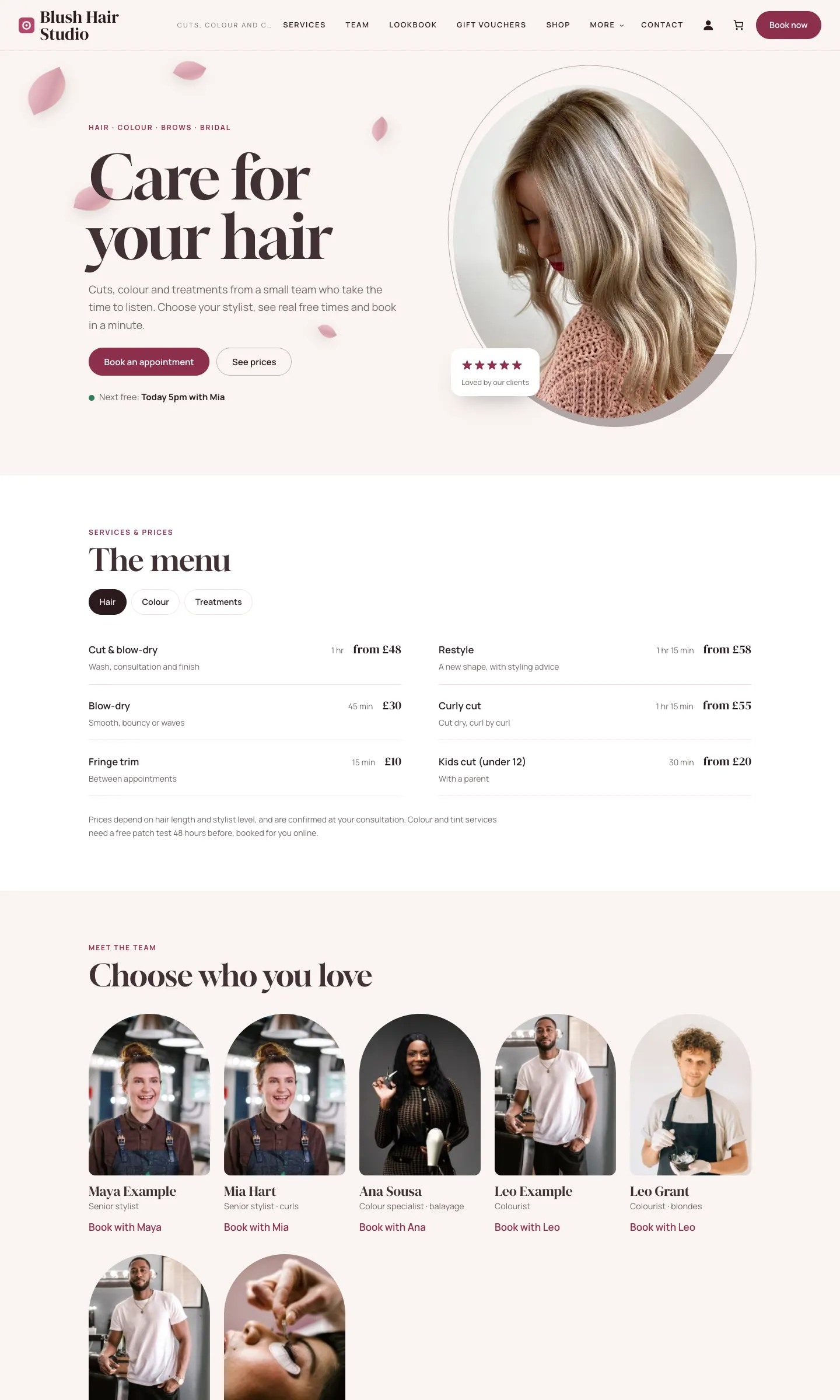 The sample Salon website's home page after the wizard, in its starting design, with the sample logo, the main menu, a large heading and the sample photos
