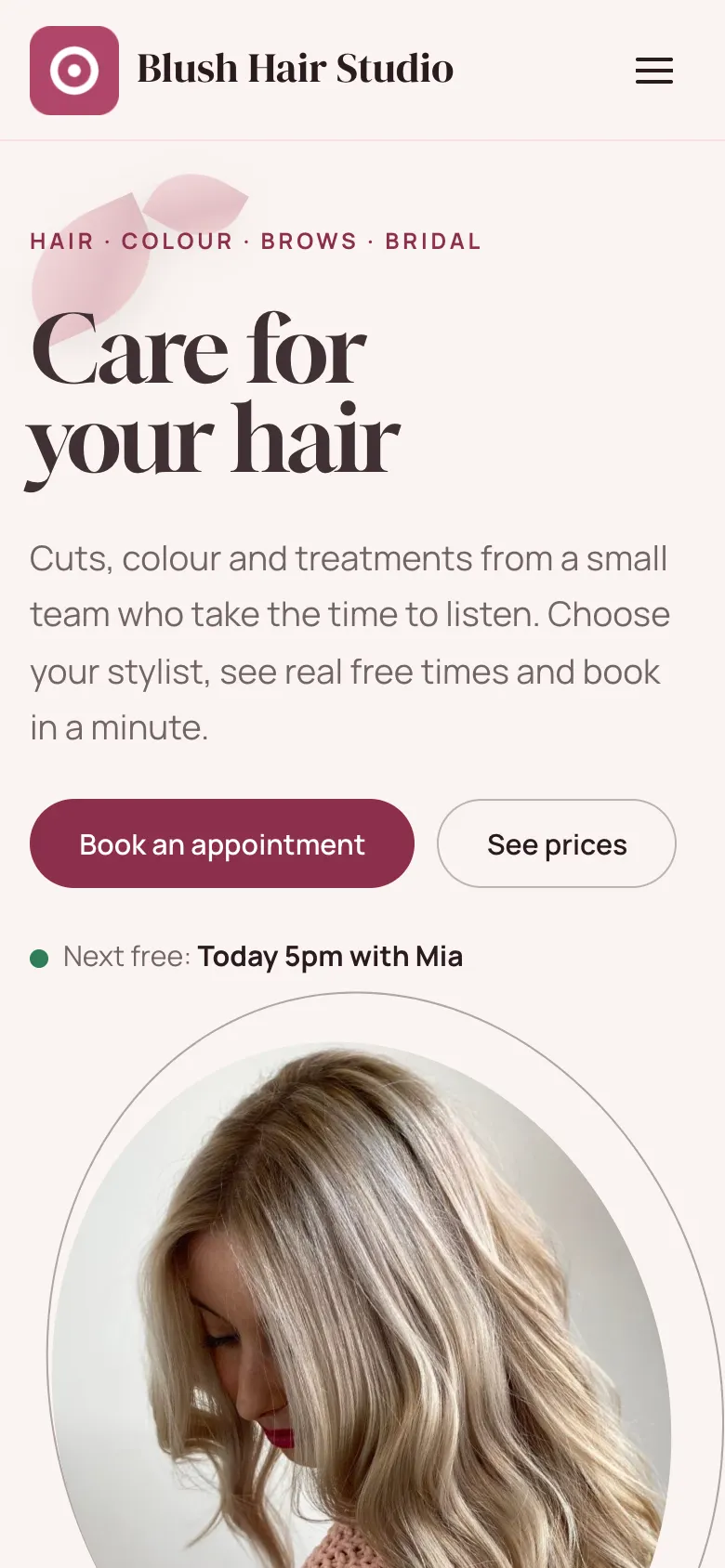 The sample Salon home page on a phone, with the logo at the top left, a menu button at the top right, and the large heading below