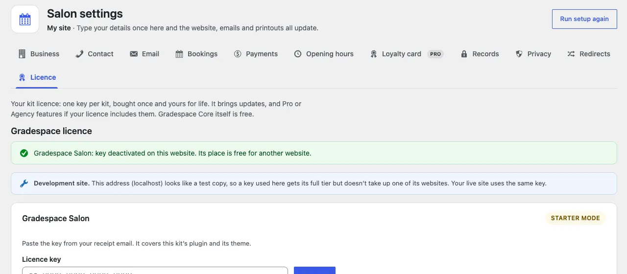 The green message "Gradespace Salon: key deactivated on this website. Its place is free for another website." above the licence card, now back in Starter mode
