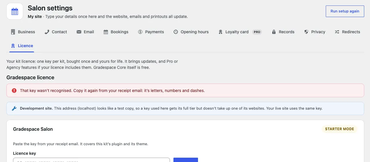 The Licence tab with a red message: "That key wasn't recognised. Copy it again from your receipt email: it's letters, numbers and dashes."