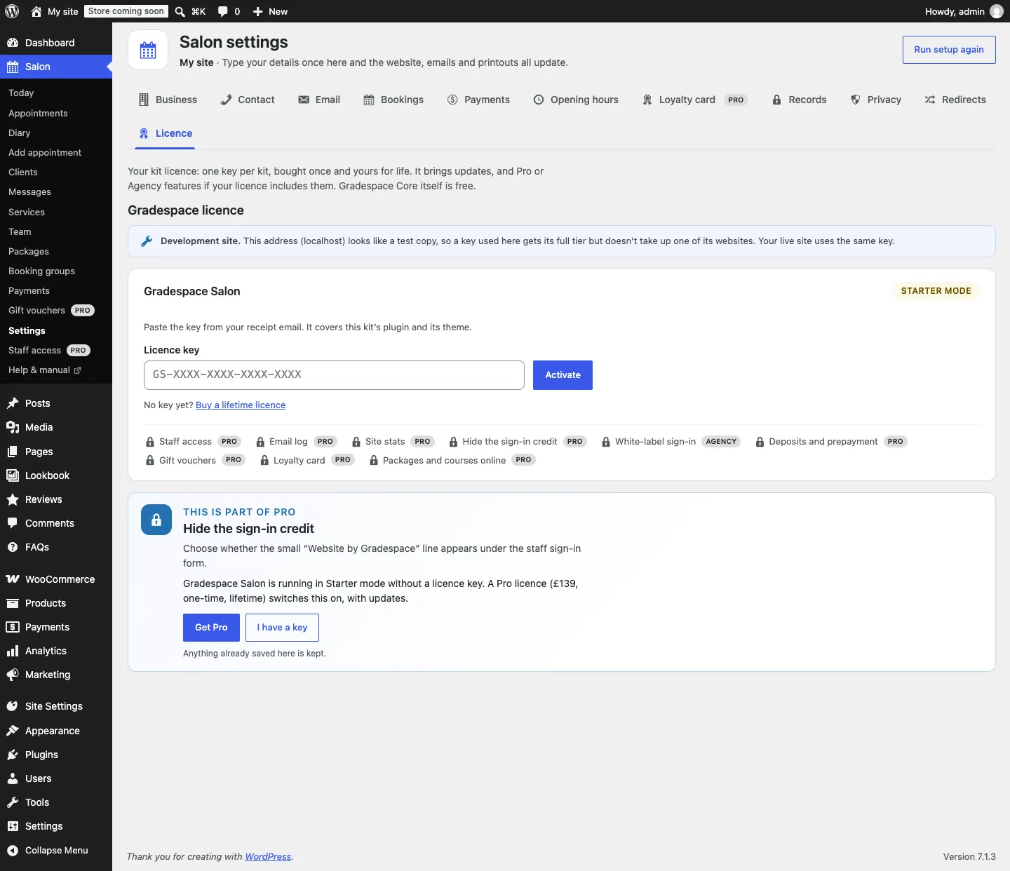 The Licence tab with the Gradespace Salon card in Starter mode: an empty Licence key box showing GS-XXXX-XXXX-XXXX-XXXX, an Activate button, the link "No key yet? Buy a lifetime licence", and a row of locked features marked Pro or Agency