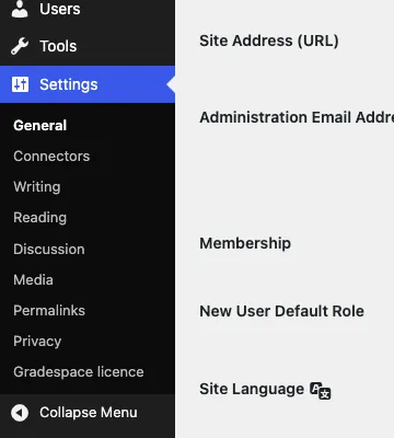 The WordPress Settings menu open, with Gradespace licence at the bottom of the list, under Privacy
