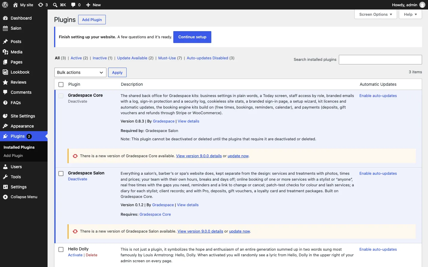 The Plugins screen with yellow lines under Gradespace Salon and Gradespace Core: "There is a new version of Gradespace Salon available. View version details or update now."