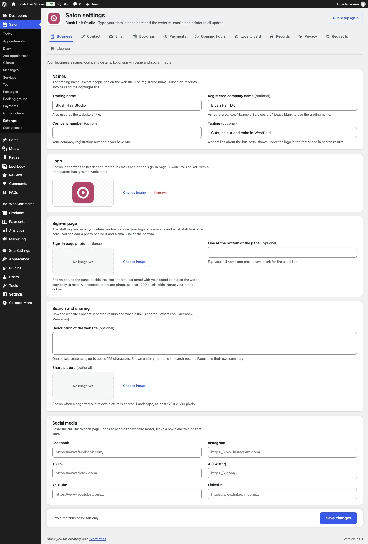 The whole Business tab: the Names card, the Logo card with the logo chosen, then the Sign-in page, Search and sharing and Social media cards, with Save changes at the bottom