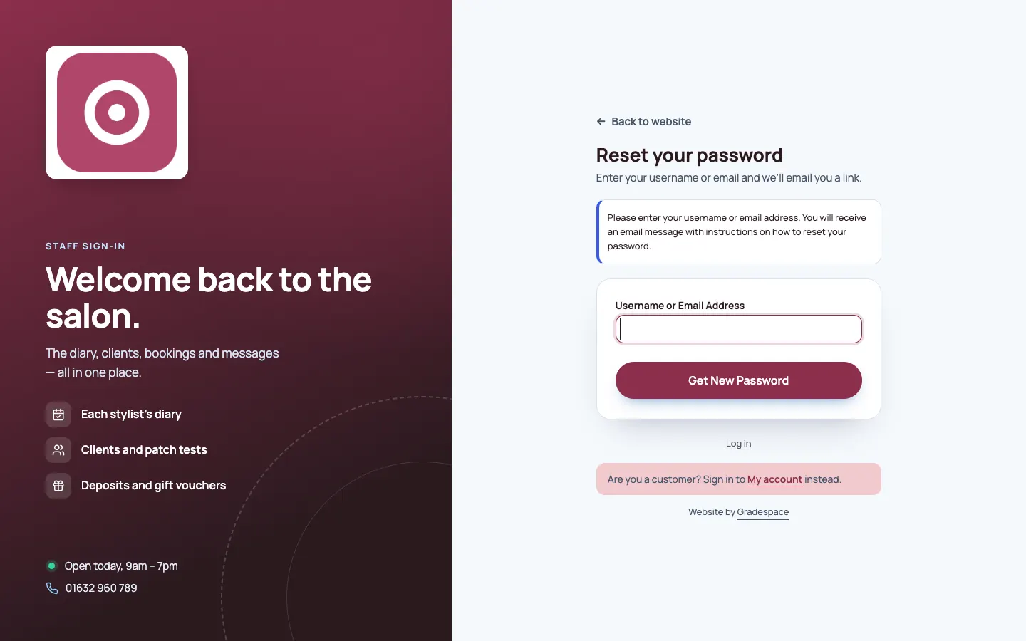 The Reset your password page: "Enter your username or email and we'll email you a link.", a Username or Email Address box, a Get New Password button and a Log in link
