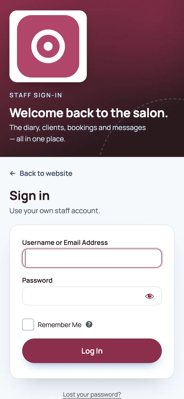 The staff sign-in page on a phone, with the logo and a short banner at the top and the sign-in form below