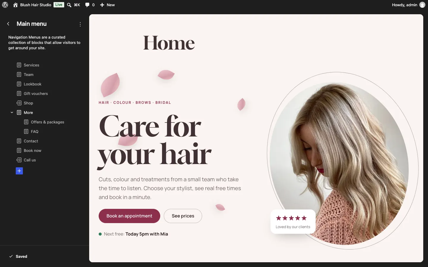 The Main menu panel in the Site Editor listing Services, Team, Lookbook, Gift vouchers, Shop, More, Offers & packages, FAQ, Contact, Book now and Call us, with a blue + button below to add a link, and the home page shown on the right