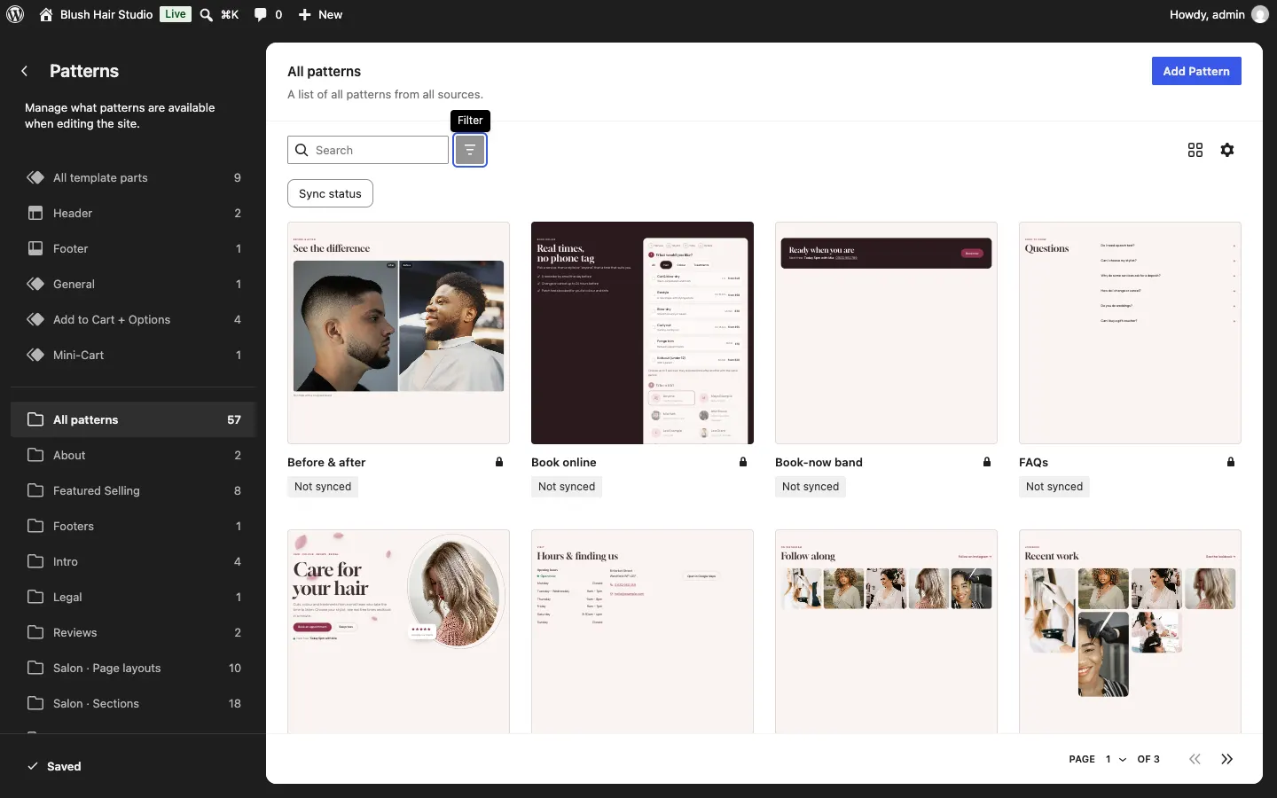 The Site Editor Patterns panel, with All template parts, Header and Footer at the top, then your kit's pattern categories
