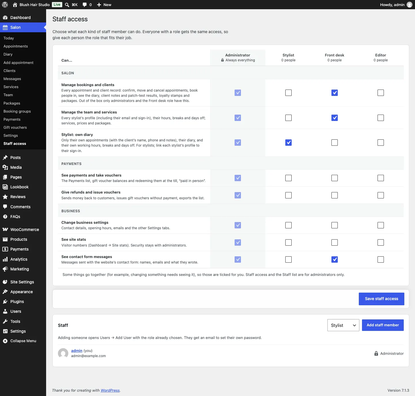 The Staff access grid for Salon, with columns Administrator (Always everything), Stylist, Front desk and Editor, and rows of what each role can do, grouped by area, with Save staff access below and the Staff card at the bottom