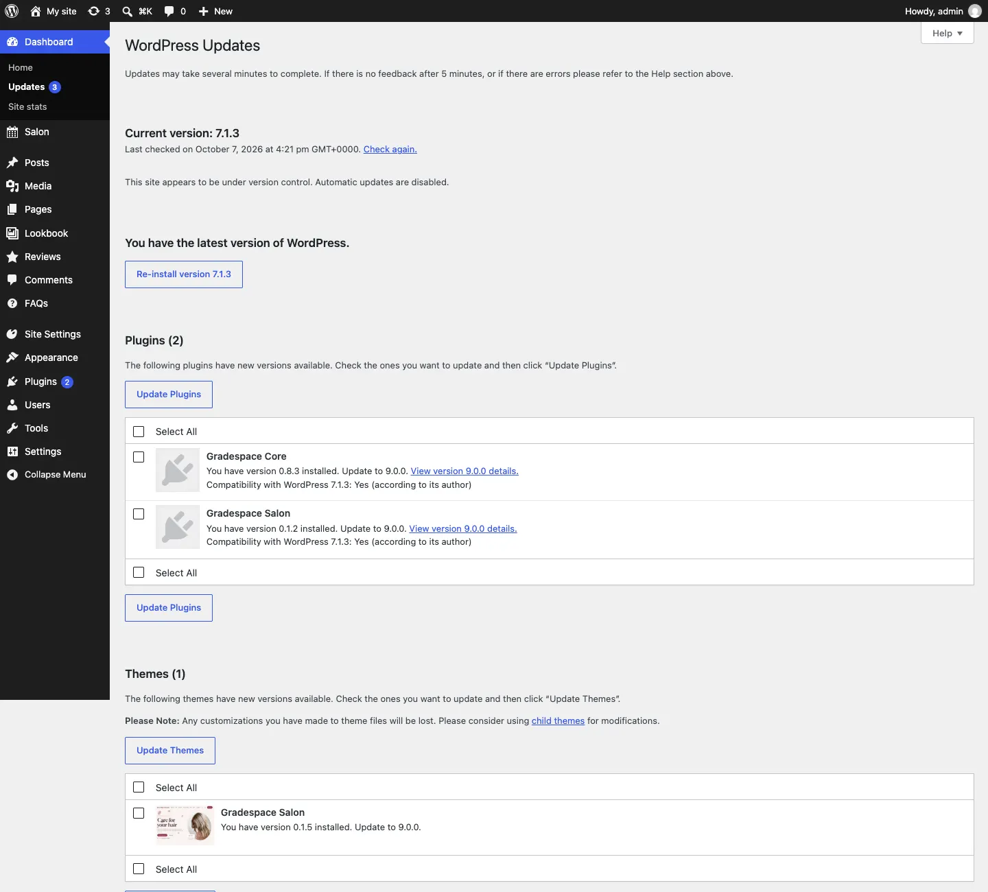 The WordPress Updates screen listing Gradespace Salon and Gradespace Core under Plugins (2), each with "You have version … installed. Update to …" and a View details link, and the Gradespace Salon theme under Themes (1), with Update Plugins and Update Themes buttons