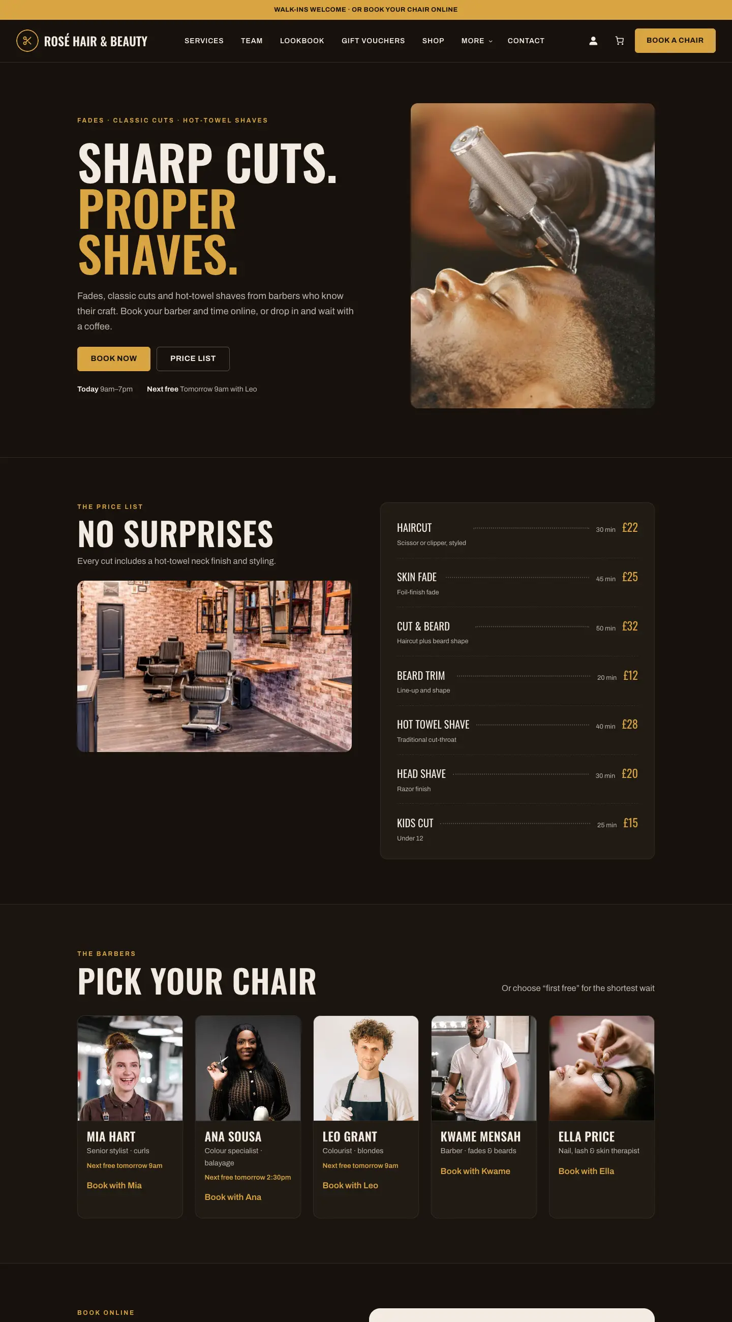 The Barbershop design's home page: a gold Walk-ins welcome strip at the top, the heading Sharp cuts. Proper shaves. in tall capitals, the price board with Haircut £22, Skin fade £25 and Cut and beard £32, and Pick your chair with the barbers' photos and next free times