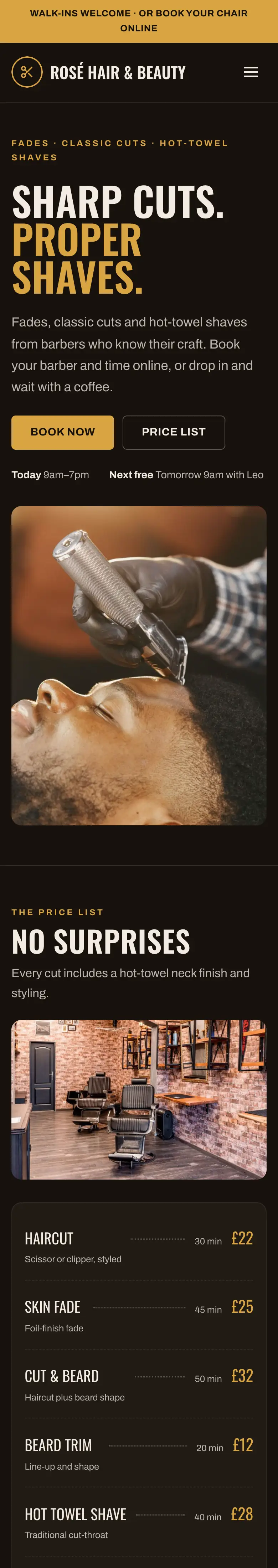 The Barbershop design on a phone, with the walk-ins strip, the heading and the price board