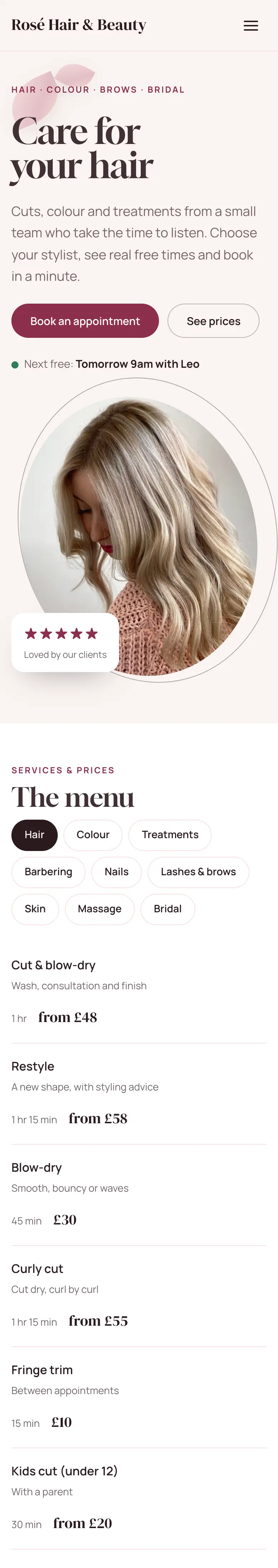 The Blush design on a phone: the heading, Book an appointment and See prices buttons, the next free time, the oval photo and the price list