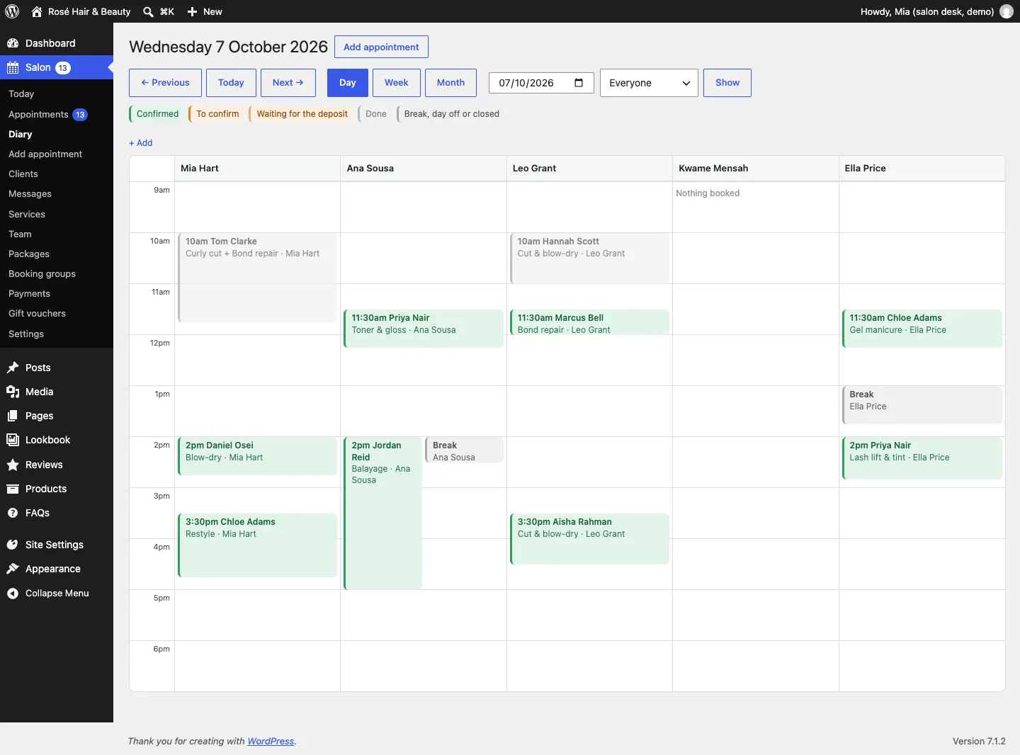 The diary for Wednesday 7 October 2026 in day view, with a column each for Mia Hart, Ana Sousa, Leo Grant, Kwame Mensah and Ella Price, coloured appointment blocks (finished ones in grey as Done), Ana's and Ella's breaks shaded and a colour key above