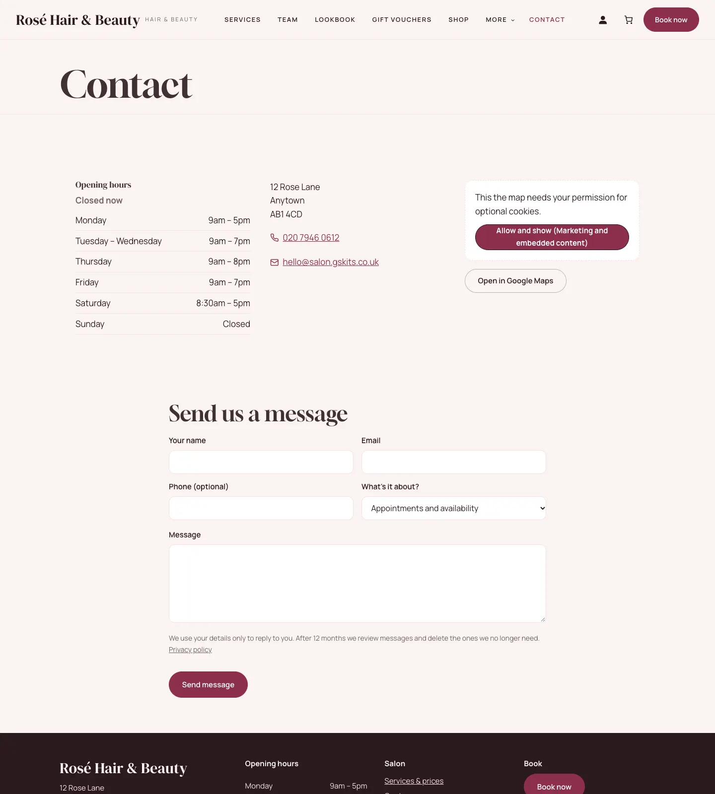 The Contact page: opening hours marked Closed now, the address, phone and email, the map waiting for cookie permission with an Open in Google Maps button, and the Send us a message form with name, email, phone, a What's it about? list, the message box and a Send message button
