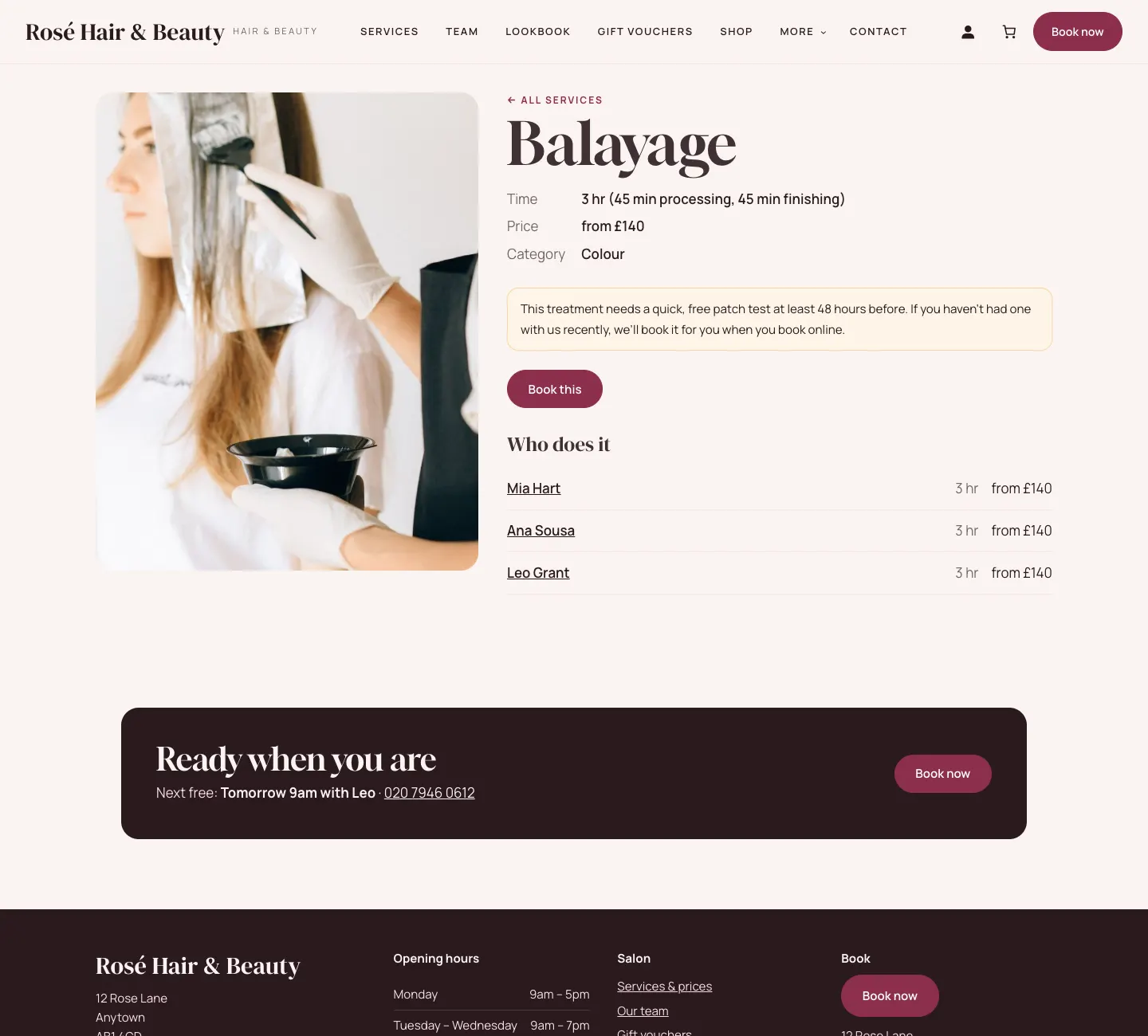 The Balayage page on the website: 3 hours including 45 minutes processing and 45 minutes finishing, from £140, a note that it needs a free patch test at least 48 hours before, a Book this button and the three stylists who do it