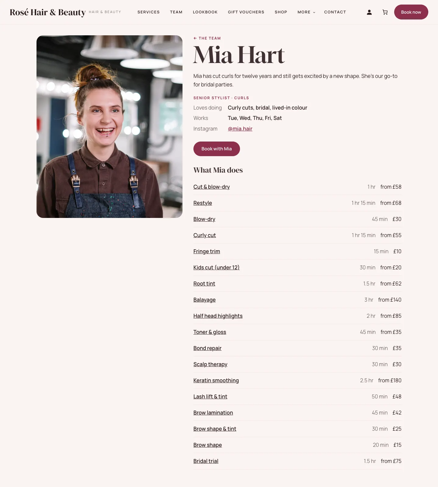 Mia Hart's page on the website: her photo, a few words about her, Senior stylist and curls, the days she works, her Instagram, a Book with Mia button and the list of what Mia does with times and prices