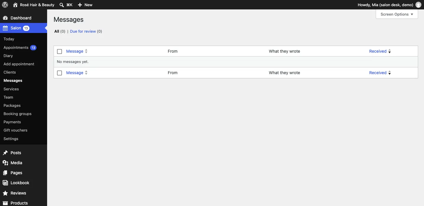 The Messages list, with All and Due for review views and columns for the message, who it's from, what they wrote and when it was received; on the demo it says No messages yet