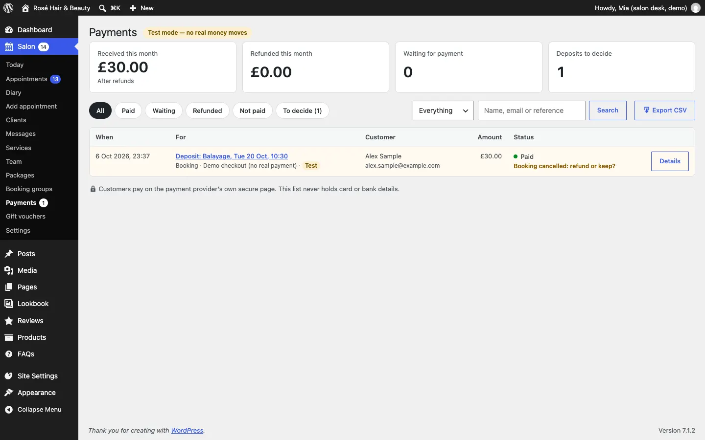 The Payments screen after a deposit, listing the £30.00 deposit for Balayage