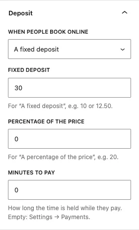 The Deposit panel for Balayage, with When people book online set to A fixed deposit, Fixed deposit 30, Percentage of the price 0 and Minutes to pay 0