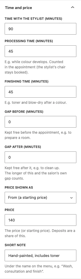 The Time and price panel, with Time with the stylist, Processing time, Finishing time, Gap before, Gap after, Price shown as, Price and Short note