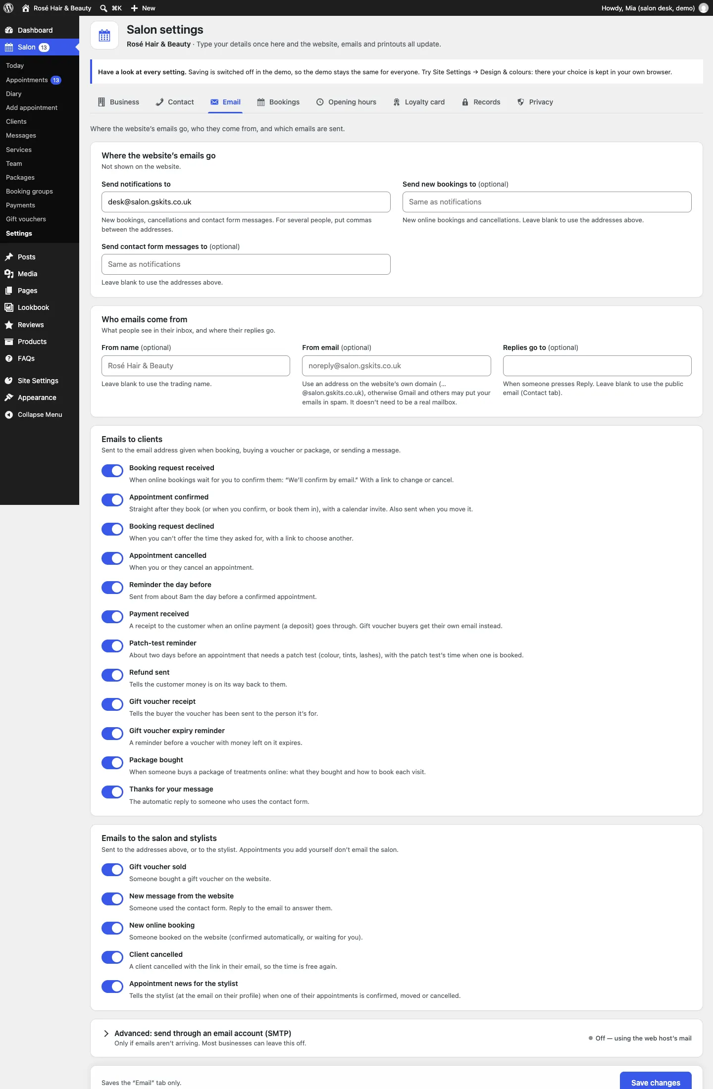 The Email tab with Send notifications to, Send new bookings to, Send contact form messages to, From name, From email, Replies go to, and a list of client and salon emails that can each be switched on or off