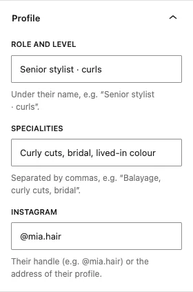 The Profile panel with Role and level set to Senior stylist · curls, Specialities set to Curly cuts, bridal, lived-in colour, and Instagram set to @mia.hair