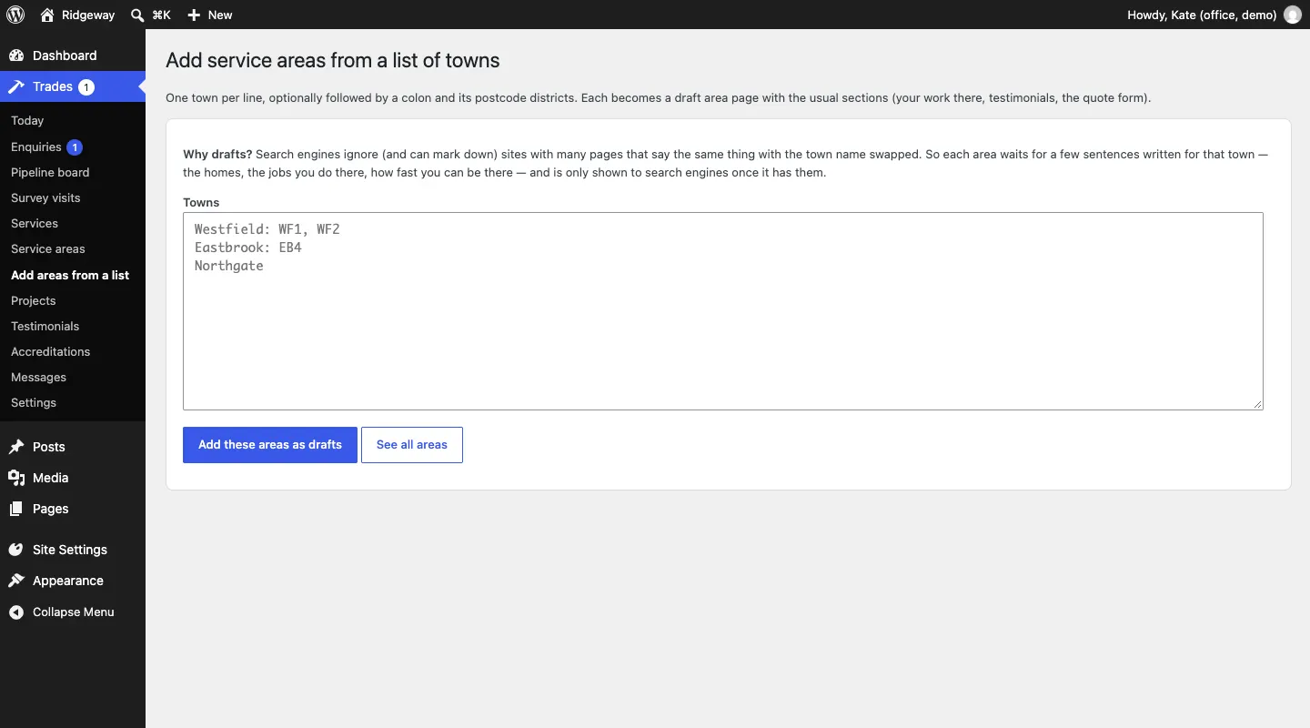 The Add service areas from a list of towns screen: an explanation of why the new areas are drafts, a Towns box, and the Add these areas as drafts and See all areas buttons