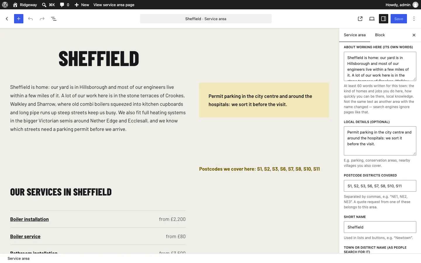 Editing the Sheffield area: the page shows the paragraph about working in Sheffield, the permit parking note and the postcodes, and the sidebar's Service area details panel has About working here, Local details, Postcode districts covered and Short name