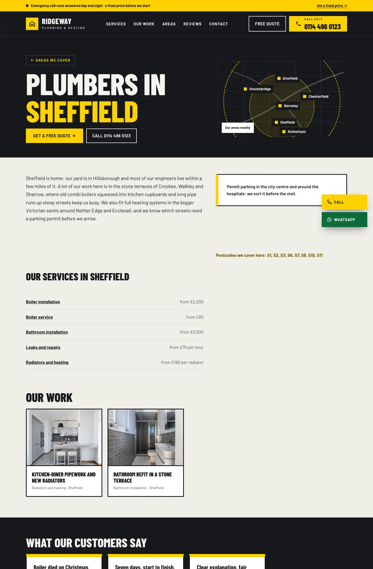 The Sheffield area page: "Plumbers in Sheffield", a map of nearby areas, a paragraph about working in Sheffield, a note about permit parking, the postcodes covered, the services with prices and two Sheffield projects