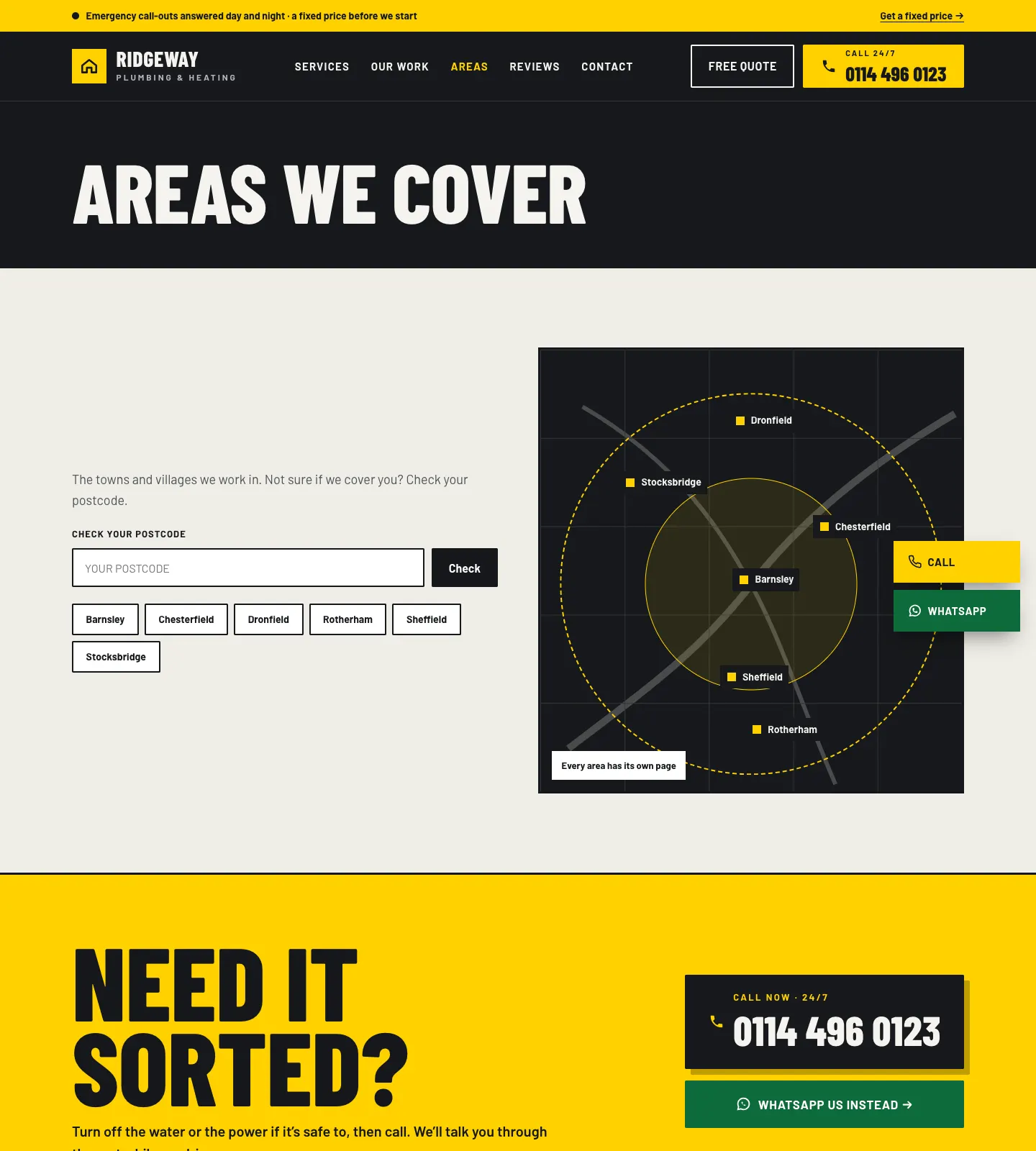 The Areas we cover page: a Check your postcode box and a list of the six towns covered, Barnsley to Stocksbridge