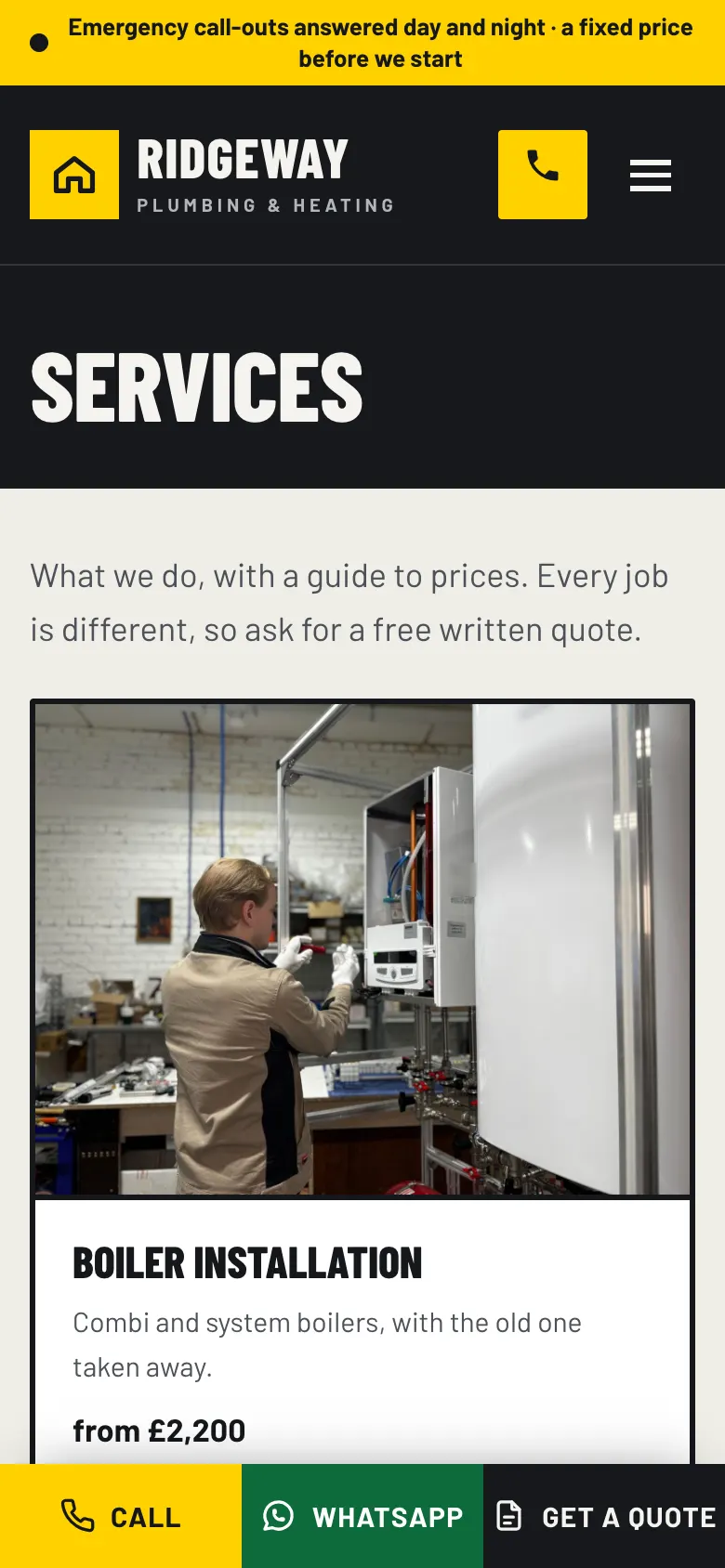 A phone screen with the Services page and the bar at the bottom: a yellow Call button, a green WhatsApp button and a dark Get a quote button