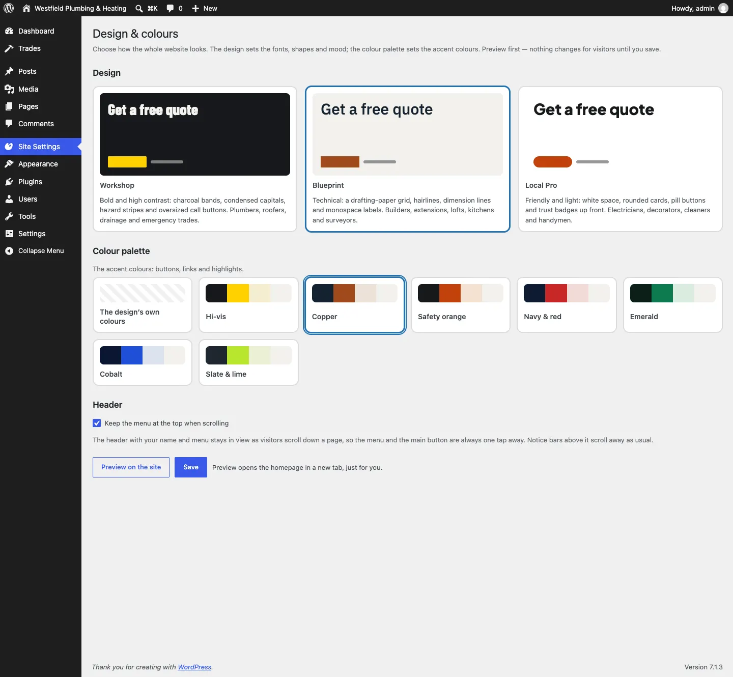 The Blueprint design selected, with its own colour palettes shown underneath and Copper selected