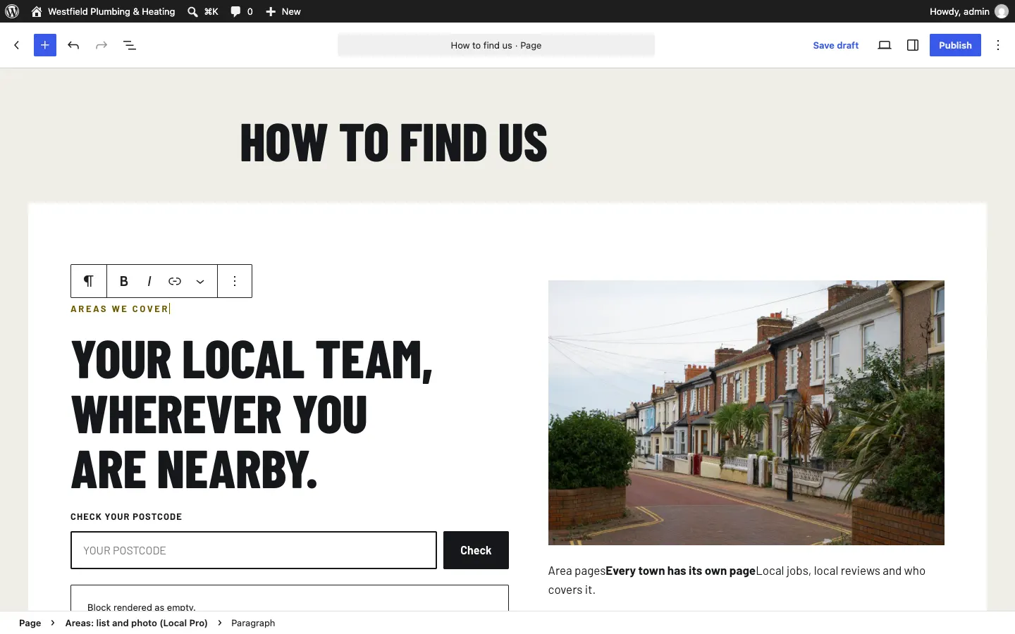 A page open in the editor with a paragraph selected: a small toolbar above it shows the paragraph, bold, italic and link buttons, and the address and contact details in the section fill themselves in from the settings