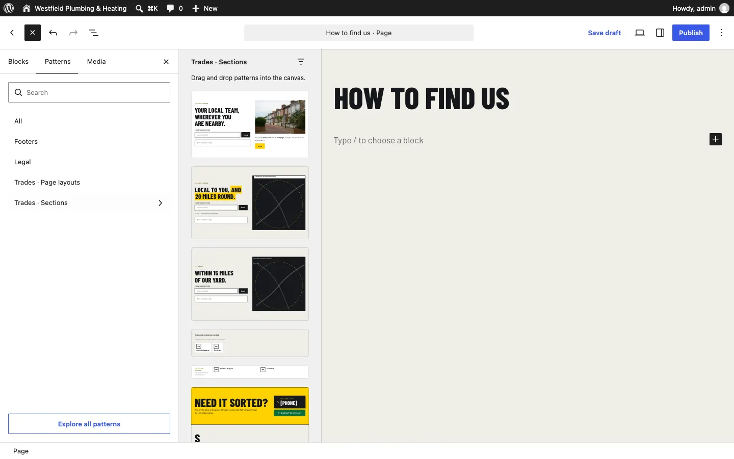 The previews of the Trades kit's Sections category on the left, with the page on the right
